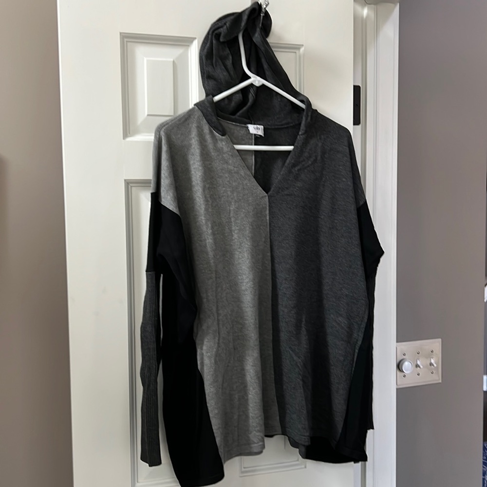 CAbi Two-Tone Hooded Sweater in Light Gray and Charcoal with Black Panels